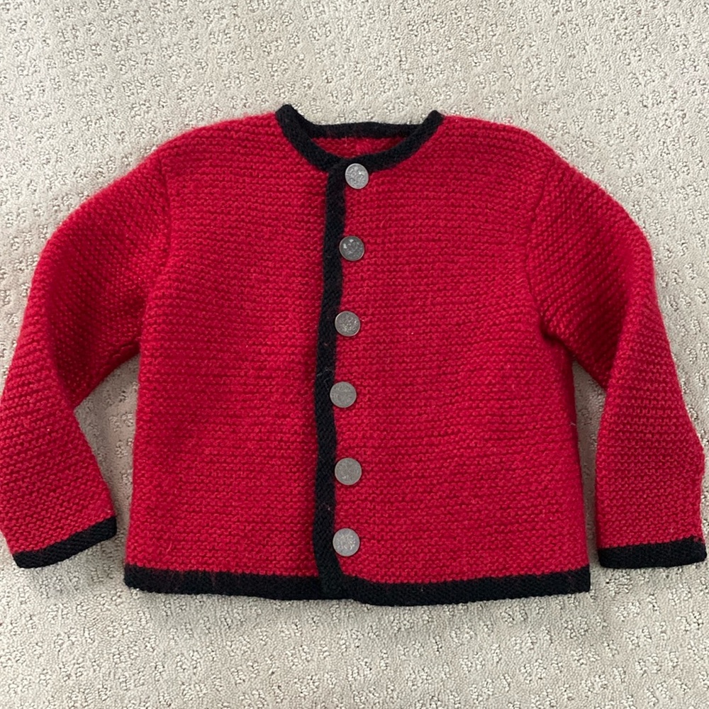 Hand knit Austrian red and black wool cardigan sweater - approximate 18 mo - 3T